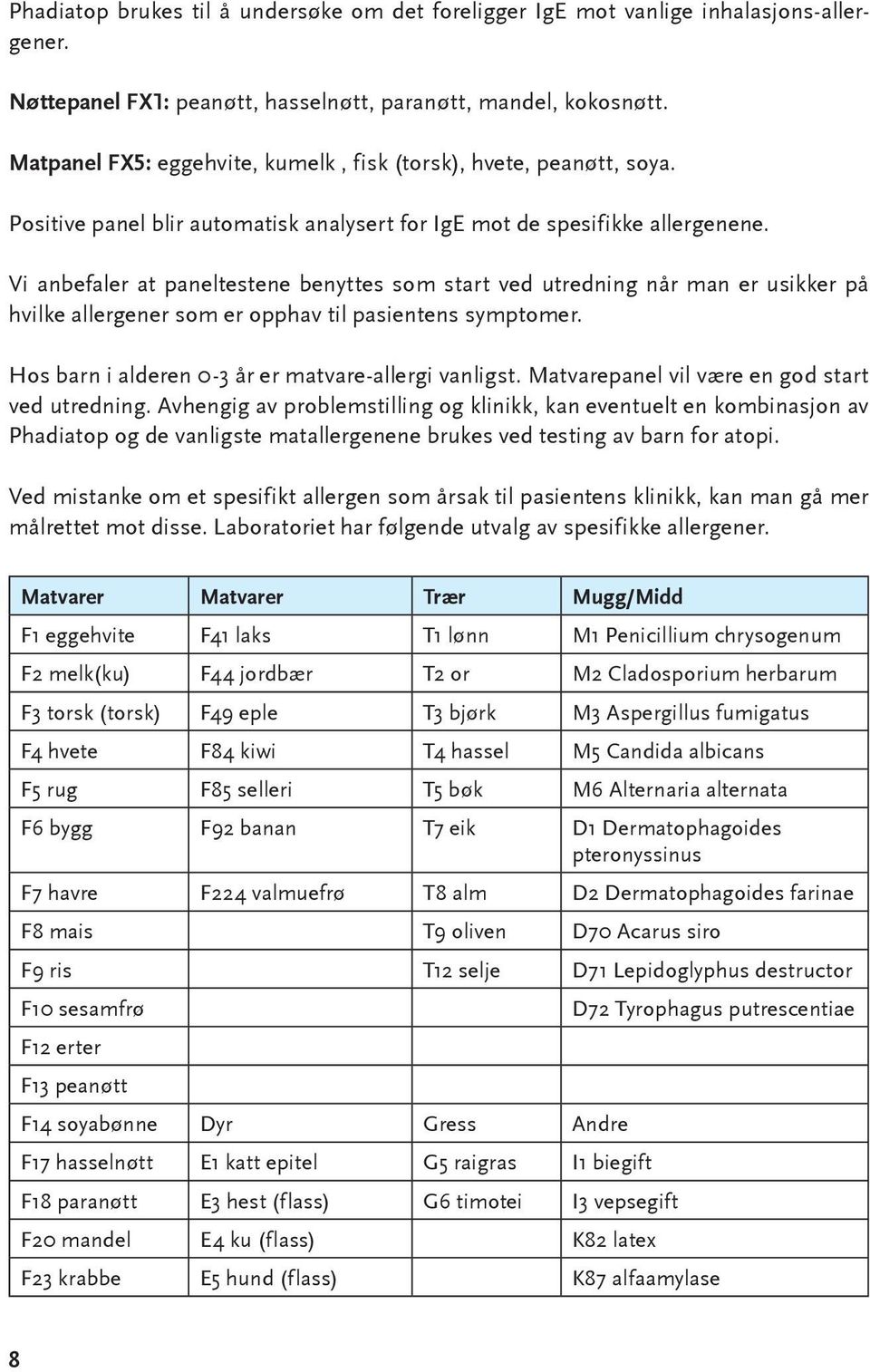 Vi anbefaler at paneltestene benyttes som start ved utredning når man er usikker på hvilke allergener som er opphav til pasientens symptomer. Hos barn i alderen 0-3 år er matvare-allergi vanligst.