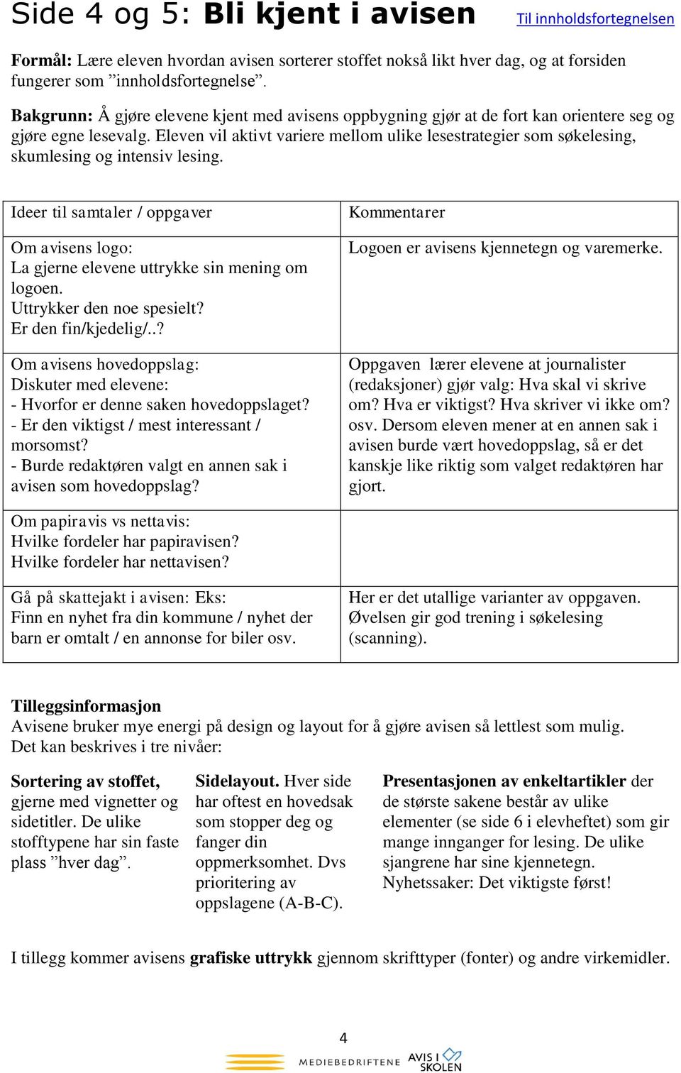 Eleven vil aktivt variere mellom ulike lesestrategier som søkelesing, skumlesing og intensiv lesing. Ideer til samtaler / oppgaver Om avisens logo: La gjerne elevene uttrykke sin mening om logoen.