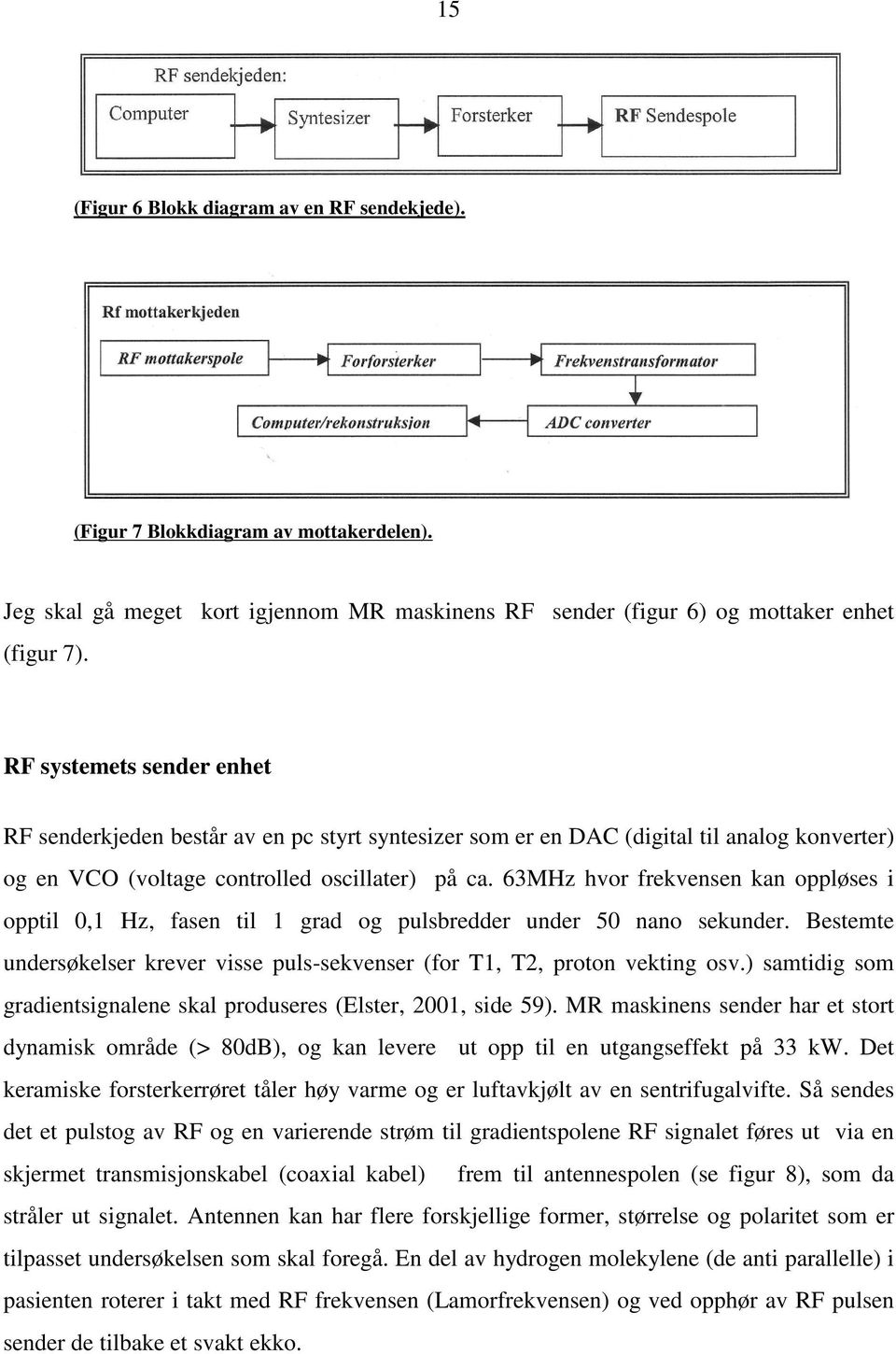 63MHz hvor frekvensen kan oppløses i opptil 0,1 Hz, fasen til 1 grad og pulsbredder under 50 nano sekunder. Bestemte undersøkelser krever visse puls-sekvenser (for T1, T2, proton vekting osv.