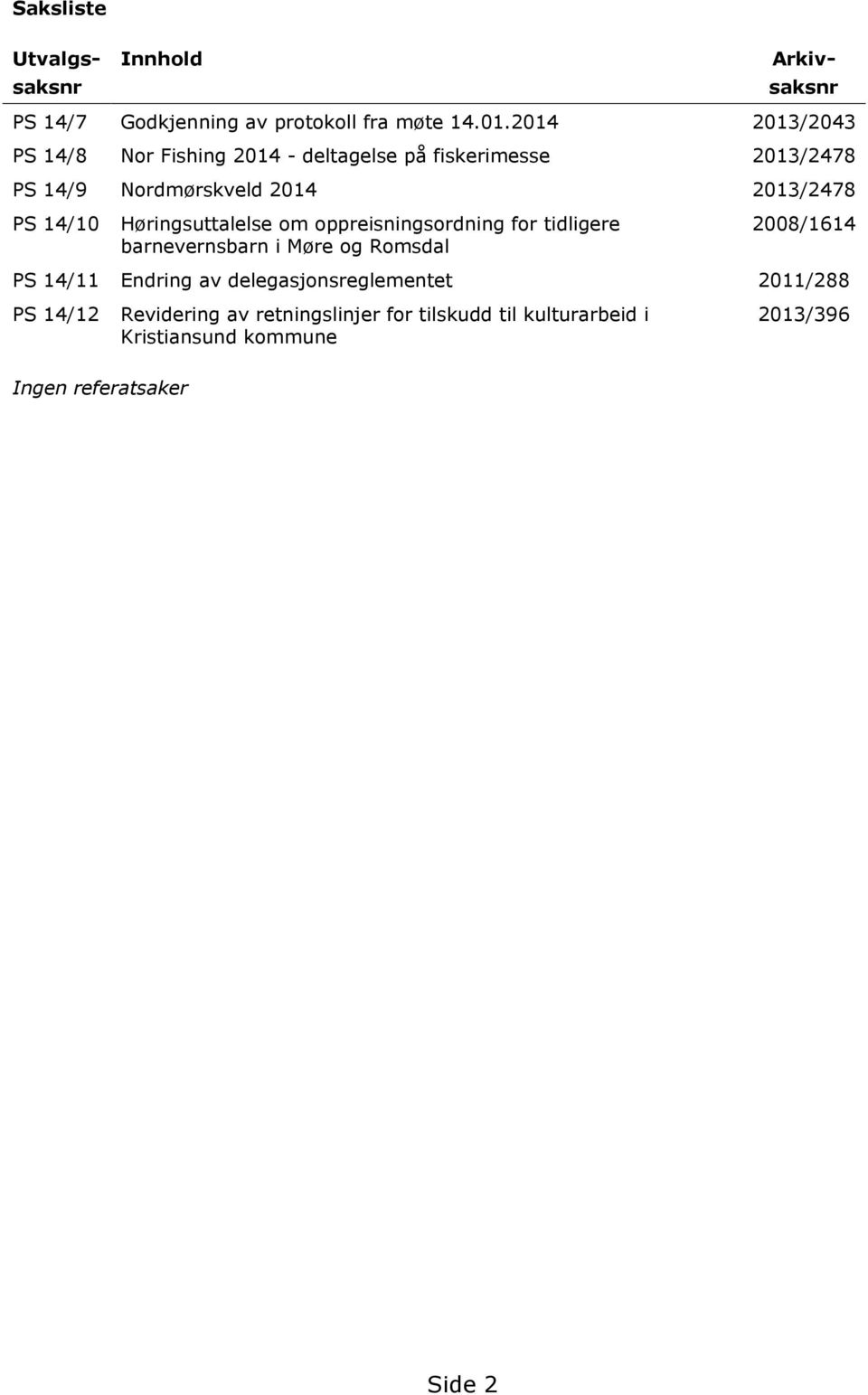 14/10 Høringsuttalelse om oppreisningsordning for tidligere barnevernsbarn i Møre og Romsdal 2008/1614 PS 14/11 Endring av