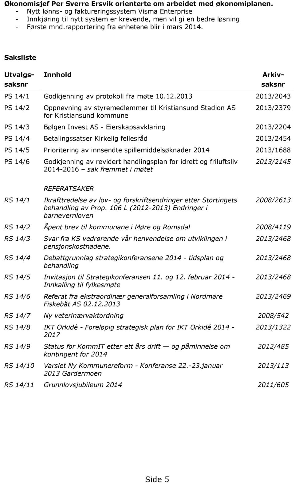 Saksliste Innhold Utvalgssaksnr Arkivsaksnr PS 14/1 Godkjenning av protokoll fra møte 10.12.