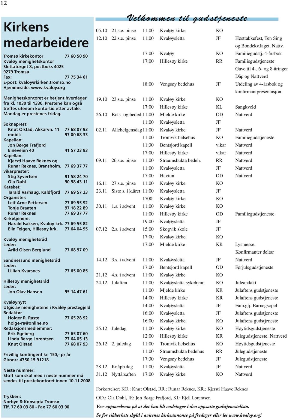 Sokneprest: Knut Olstad, Akkarvn. 11 77 68 07 93 mobil: 97 00 68 33 Kapellan: Jon Børge Frafjord Eineveien 40 41 57 23 93 Kapellan: Kjersti Haave Reknes og Runar Reknes, Brensholm.