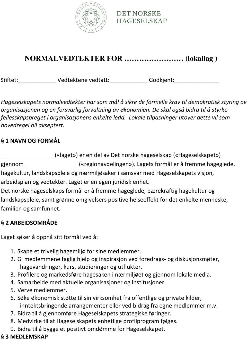 1 NAVN OG FORMÅL («laget») er en del av Det norske hageselskap («Hageselskapet») gjennom («regionavdelingen»).