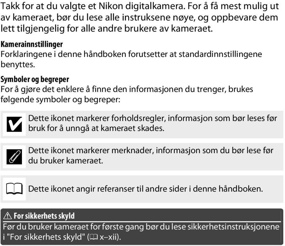 Symboler og begreper For å gjøre det enklere å finne den informasjonen du trenger, brukes følgende symboler og begreper: D A 0 Dette ikonet markerer forholdsregler, informasjon som bør leses før bruk