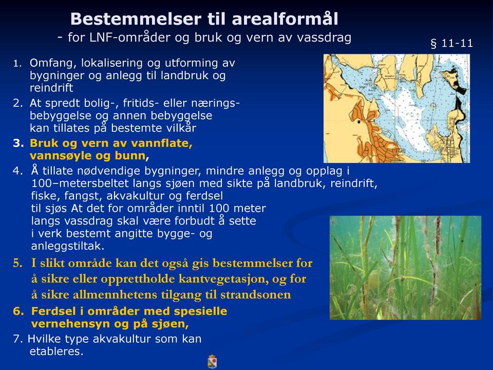 Å tillate nødvendige bygninger, mindre anlegg og opplag i 100 metersbeltet langs sjøen med sikte på landbruk, reindrift, fiske, fangst, akvakultur og ferdsel til sjøs At det for områder inntil 100