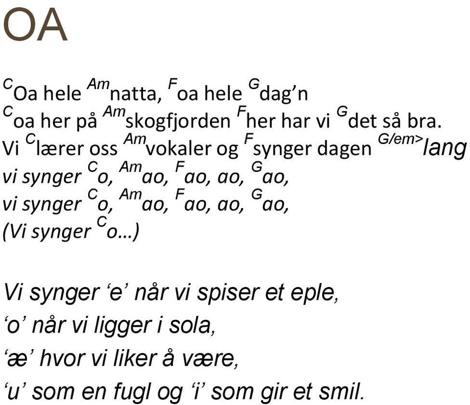 ao, G ao, vi synger C o, m ao, F ao, ao, G ao, (Vi synger C o ) Vi synger e når vi