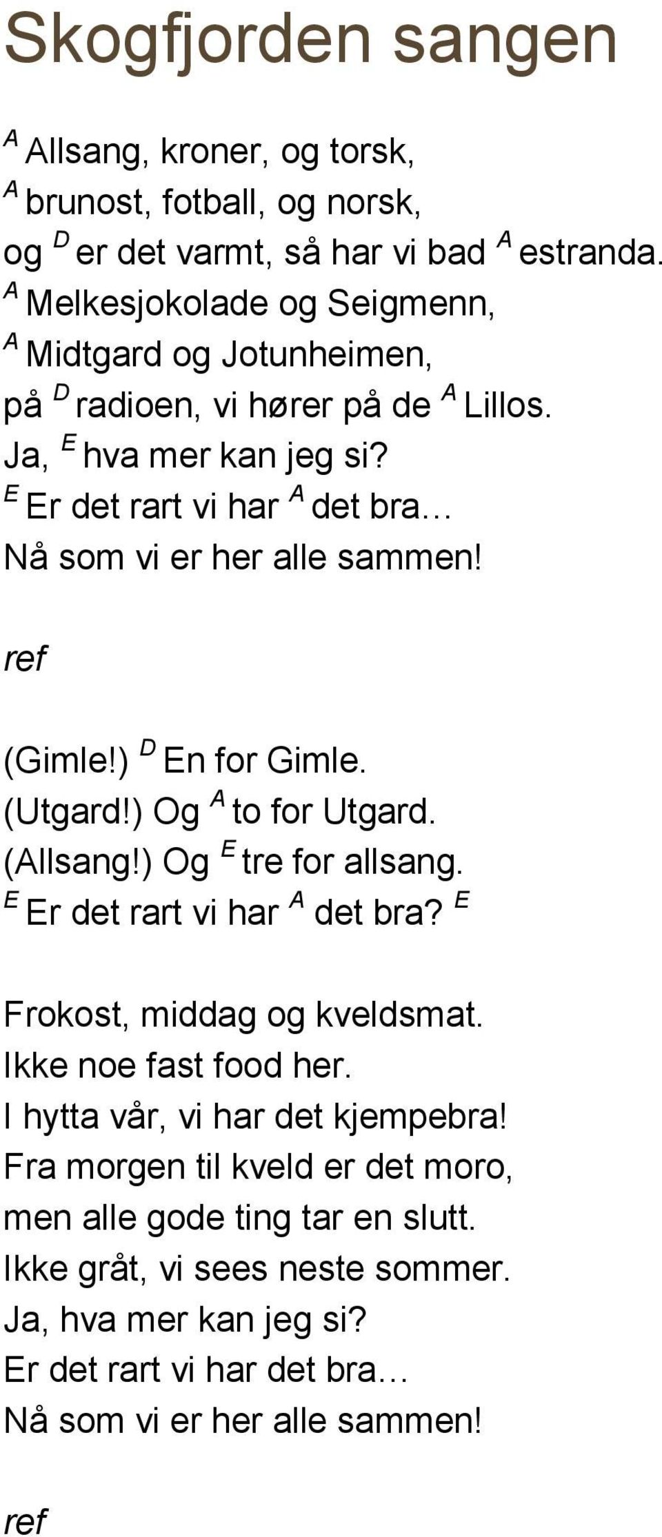 E Er det rart vi har det bra Nå som vi er her alle sammen! ref (Gimle!) D En for Gimle. (Utgard!) Og to for Utgard. (llsang!) Og E tre for allsang.