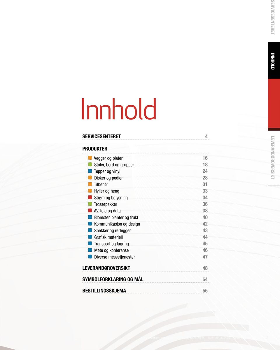 Expression og belysning 34 13 Trossepakker Banner- og panelstands 36 14 AV, Stands tele i og 2 etasjer data 38 15 Blomster, planter og frukt 40 PRODUKTER Kommunikasjon og design 42 Vegger Snekker og