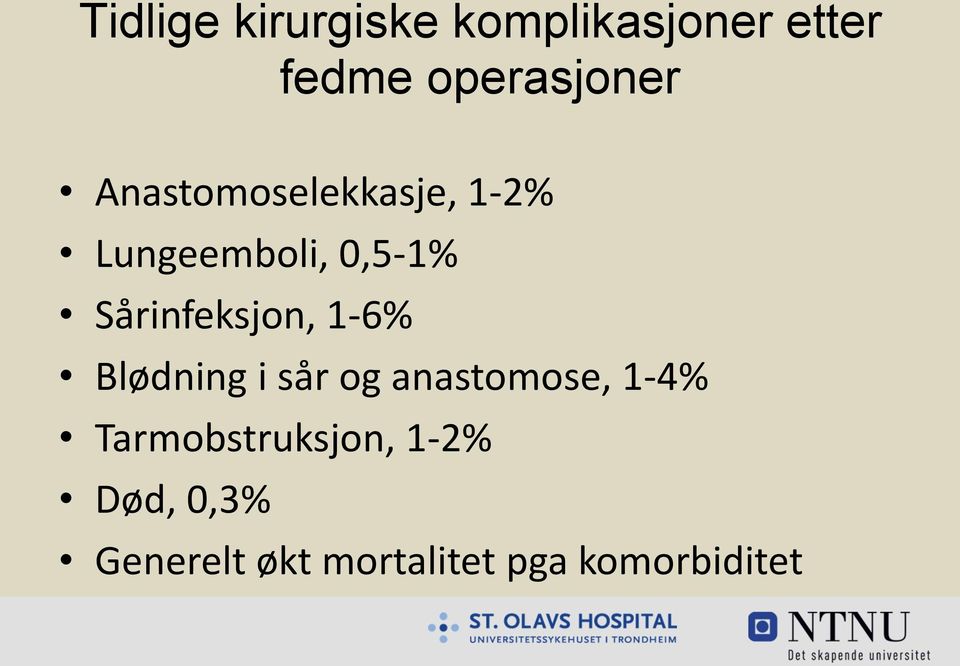 Sårinfeksjon, 1-6% Blødning i sår og anastomose, 1-4%