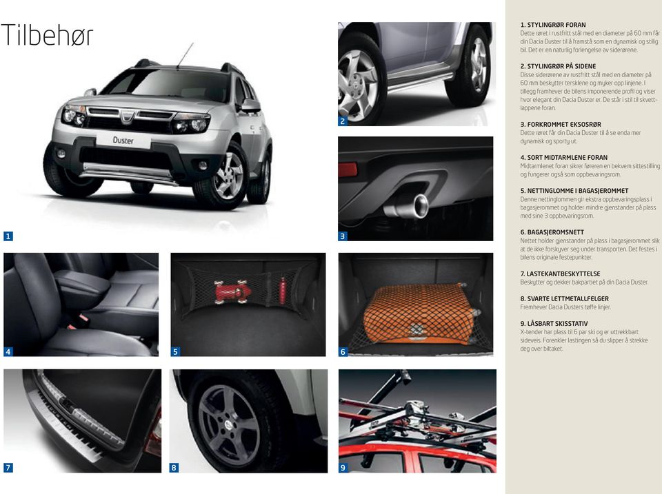 I tillegg framhever de bilens imponerende profil og viser hvor elegant din Dacia Duster er. De står i stil til skvettlappene foran. 2 3.