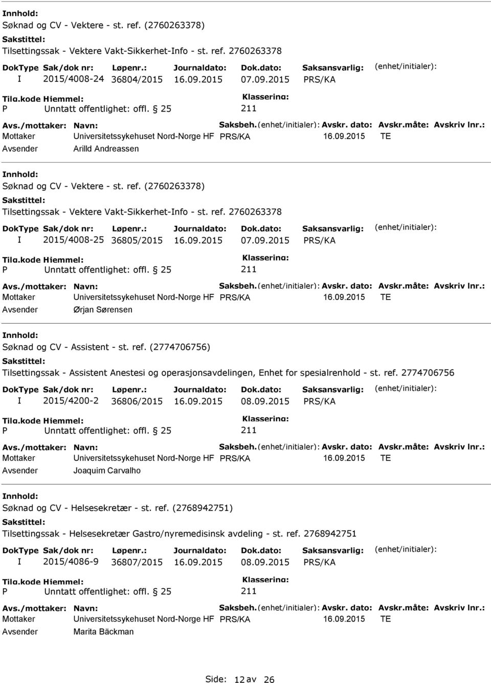 2015 Mottaker niversitetssykehuset Nord-Norge HF TE Ørjan Sørensen nnhold: Søknad og CV - Assistent - st. ref.