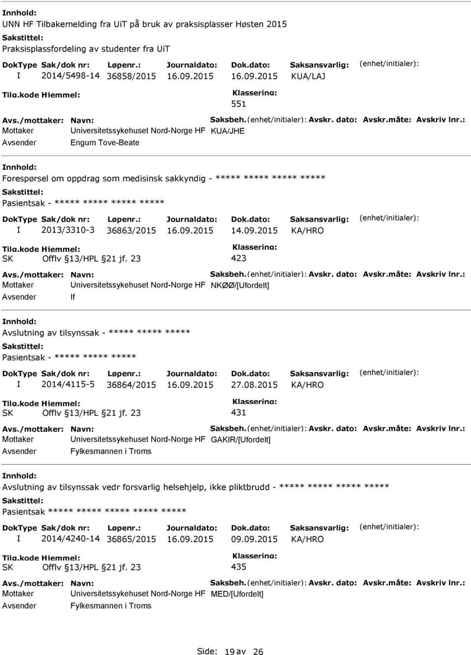 23 Mottaker niversitetssykehuset Nord-Norge HF NKØØ/[fordelt] f nnhold: Avslutning av tilsynssak - ***** ***** ***** asientsak - ***** ***** ***** 2014/4115-5 36864/2015 27.08.