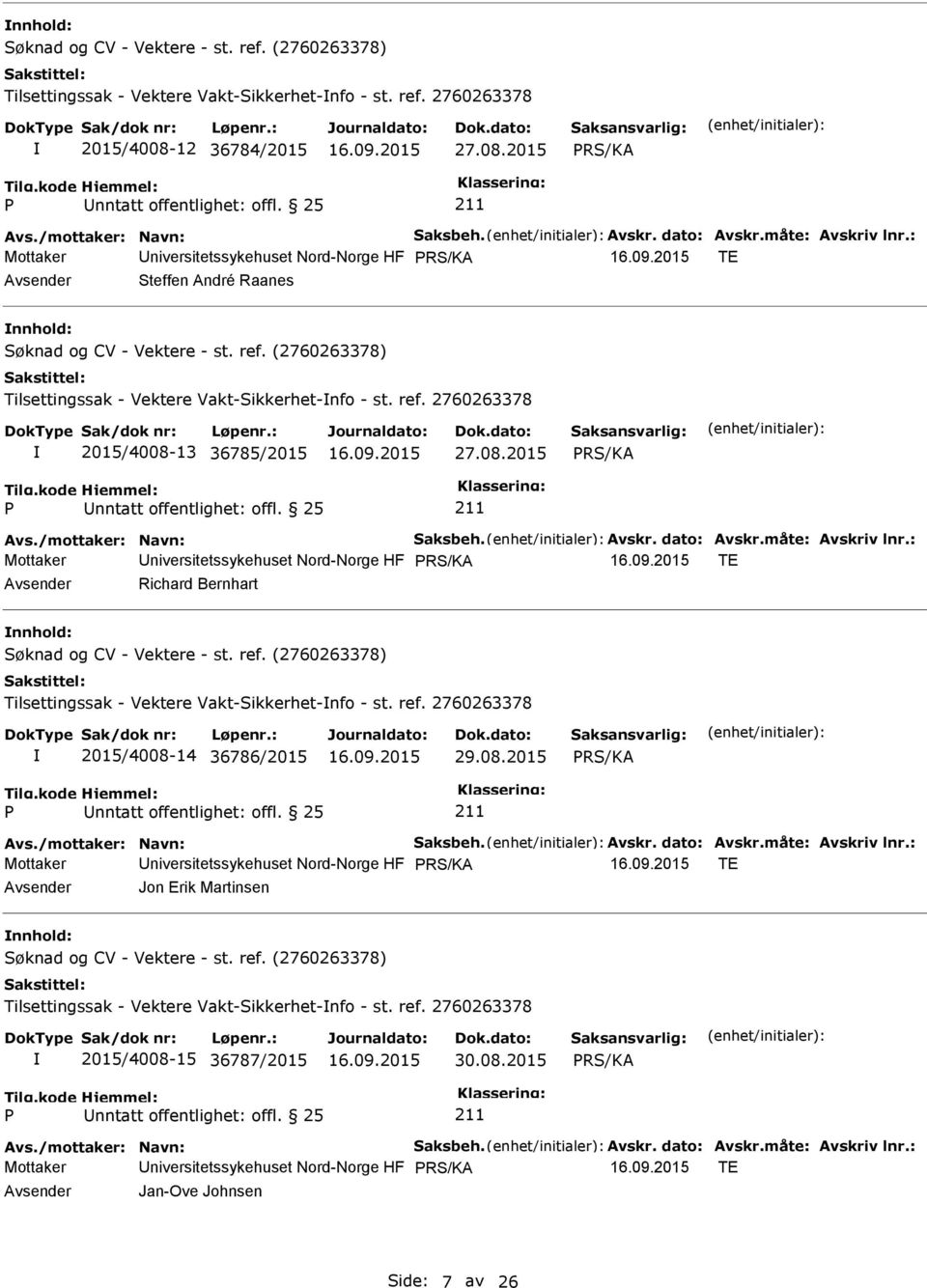 08.2015 Mottaker niversitetssykehuset Nord-Norge HF TE Jon Erik Martinsen 15 36787/2015 30.08.2015 Mottaker niversitetssykehuset Nord-Norge HF TE Jan-Ove Johnsen Side: 7 av 26