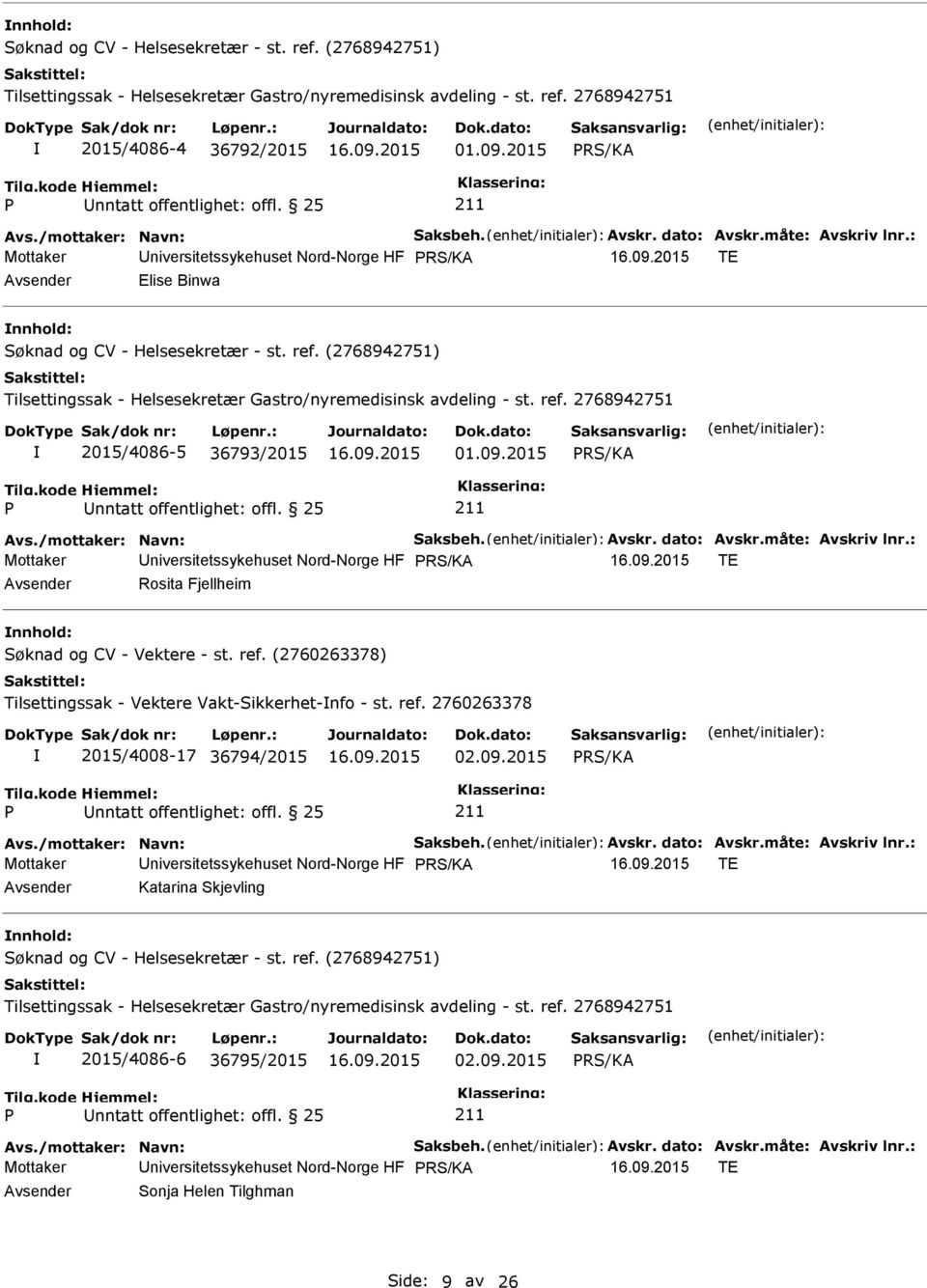 2015 Mottaker niversitetssykehuset Nord-Norge HF TE Rosita Fjellheim nnhold: Tilsettingssak - Vektere Vakt-Sikkerhet-nfo - st.