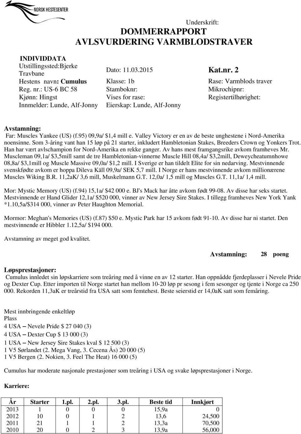 95) 9,9a/ $,4 mill e. Valley Victory er en av de beste unghestene i Nord-Amerika noensinne. Som 3-åring vant han 5 løp på starter, inkludert Hambletonian Stakes, Breeders Crown og Yonkers Trot.