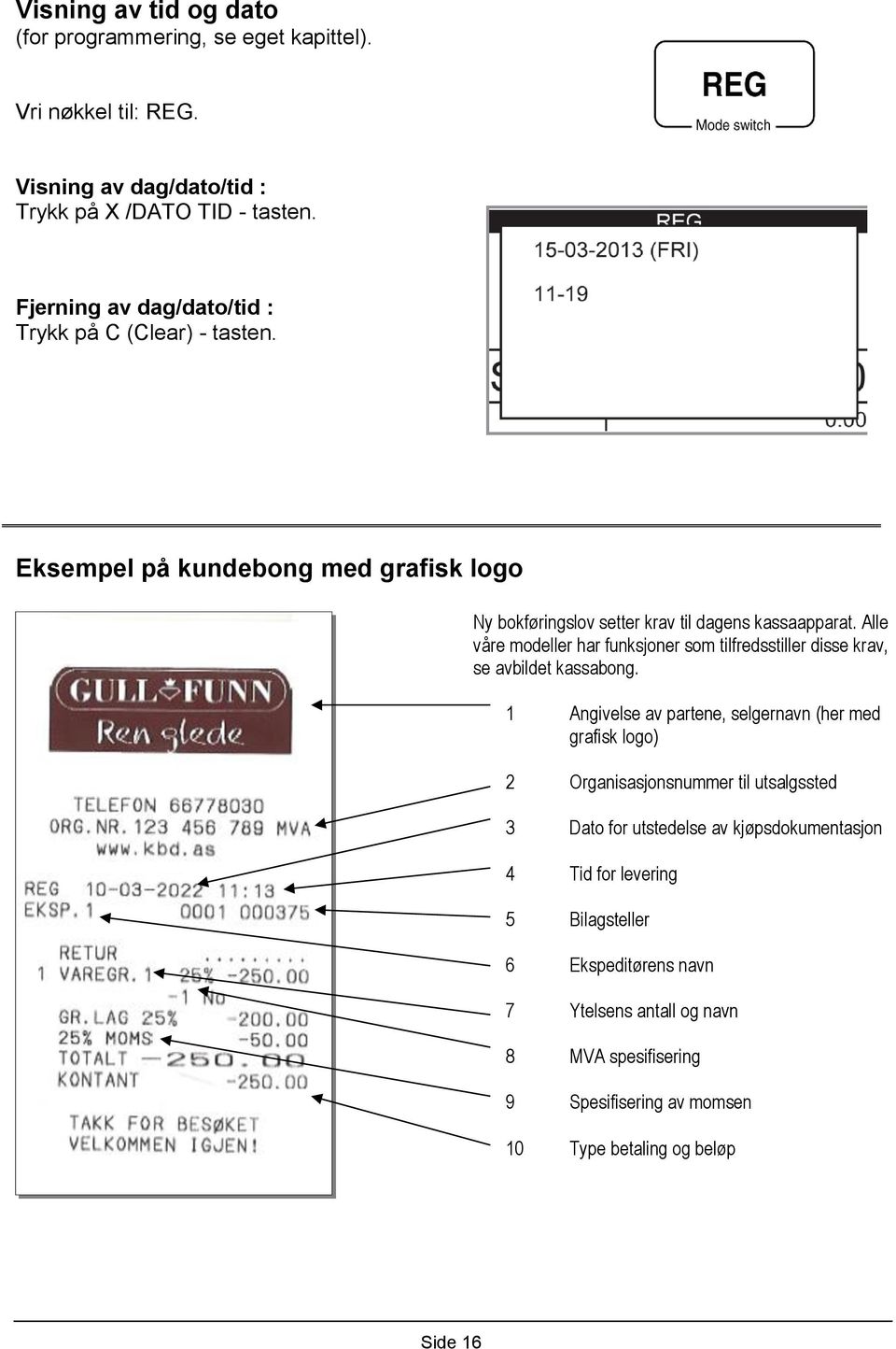 Alle våre modeller har funksjoner som tilfredsstiller disse krav, se avbildet kassabong.