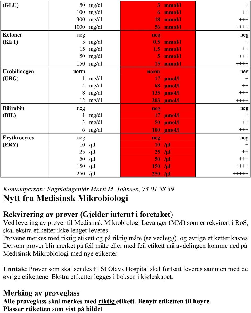 μmol/l ++ 6 mg/dl 100 μmol/l +++ Erythrocytes neg neg neg (ERY) 10 /μl 10 /μl + 25 /μl 25 /μl ++ 50 /μl 50 /μl +++ 150 /μl 150 /μl ++++ 250 /μl 250 /μl +++++ Kontaktperson: Fagbioingeniør Marit M.