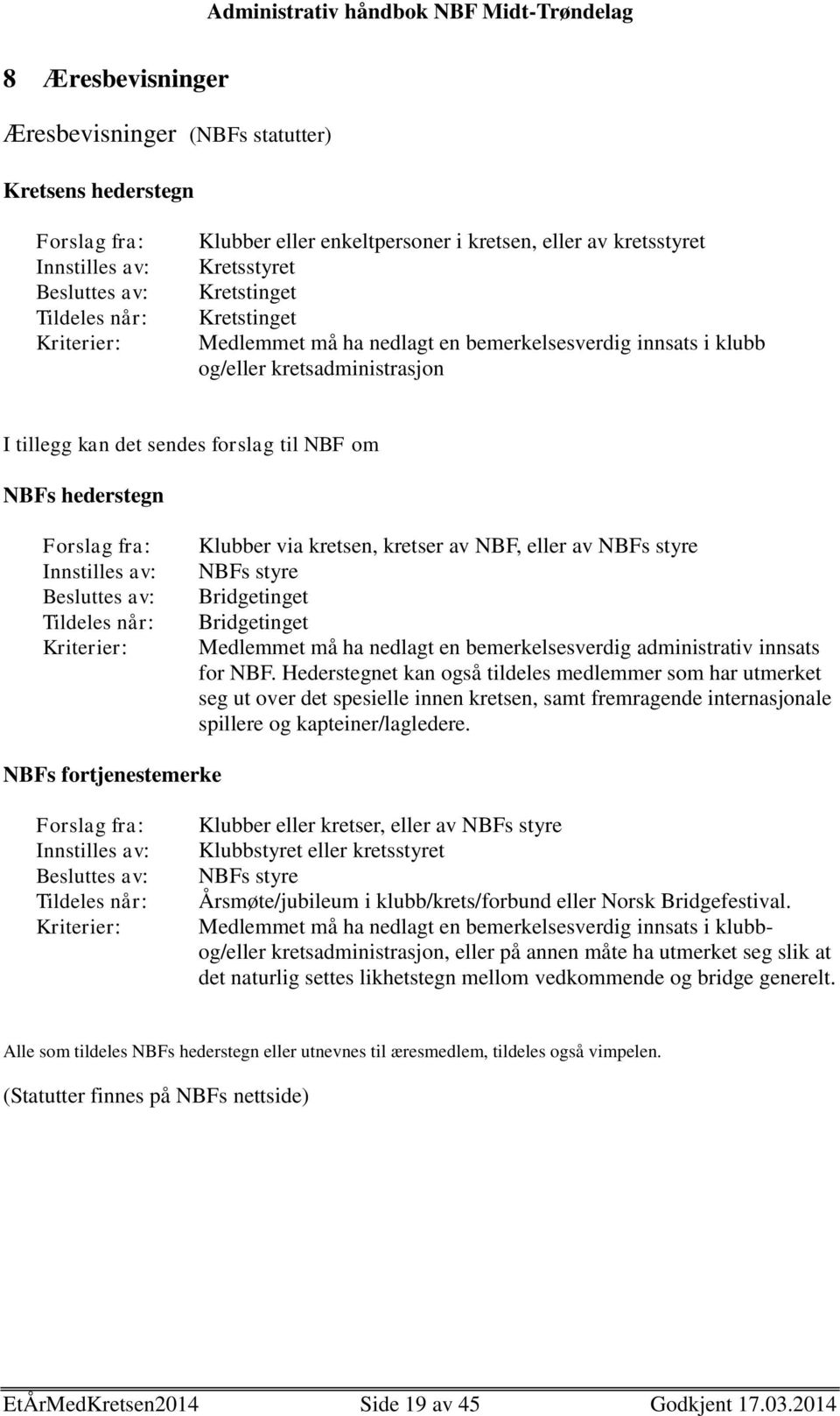 Innstilles av: Besluttes av: Tildeles når: Kriterier: Klubber via kretsen, kretser av NBF, eller av NBFs styre NBFs styre Bridgetinget Bridgetinget Medlemmet må ha nedlagt en bemerkelsesverdig