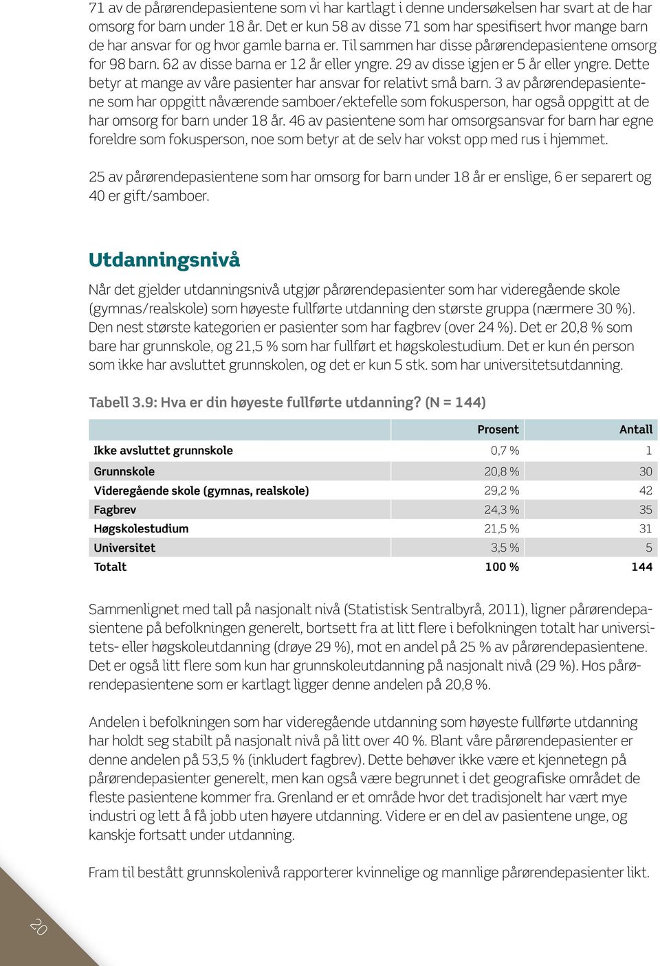 24 % svarer at de har dette, mot bare 9,1 % av mennene. Yrkesstatus Kartleggingen viser at over 40 % av pårørendepasientene er i heltidsjobb.