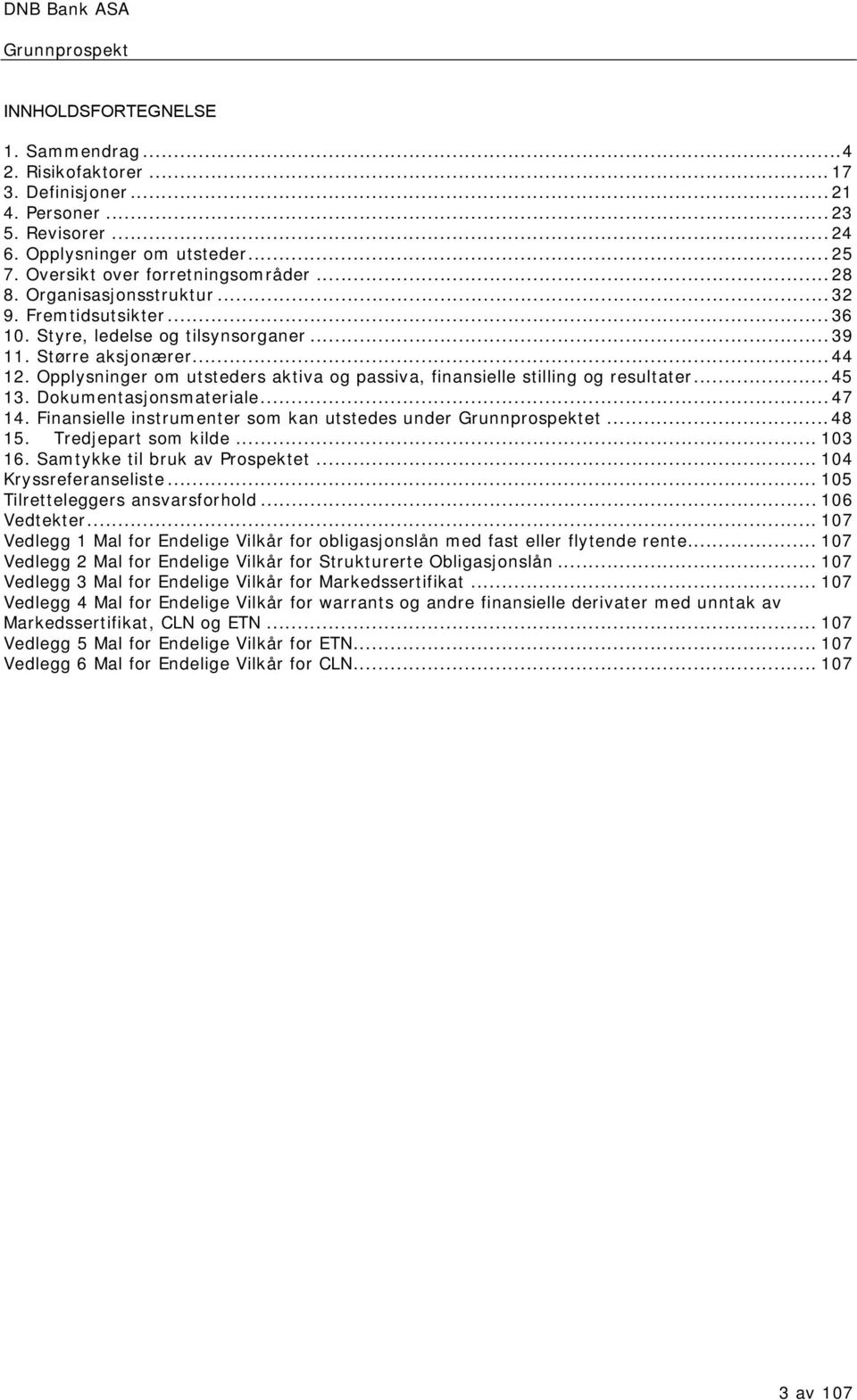 Opplysninger om utsteders aktiva og passiva, finansielle stilling og resultater... 45 13. Dokumentasjonsmateriale... 47 14. Finansielle instrumenter som kan utstedes under et... 48 15.