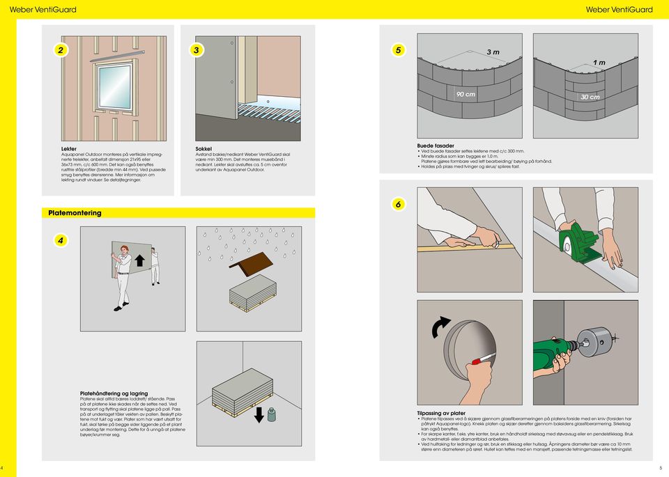 Sokkel Avstand bakke/nedkant Weber VentiGuard skal være min 300 mm. Det monteres musebånd i nedkant. Lekter skal avsluttes ca. 5 cm ovenfor underkant av Aquapanel Outdoor.