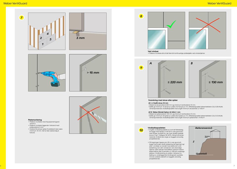 Avstand fra skrue/ spiker til platekant skal være minimum 15 mm. Det er ikke nødvendig å forbore. 10 Forankring med skrue eller spiker Alt.