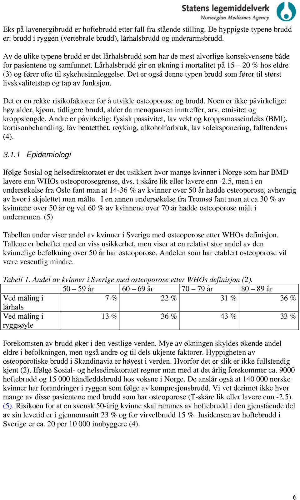 Lårhalsbrudd gir en økning i mortalitet på 15 20 % hos eldre (3) og fører ofte til sykehusinnleggelse. Det er også denne typen brudd som fører til størst livskvalitetstap og tap av funksjon.