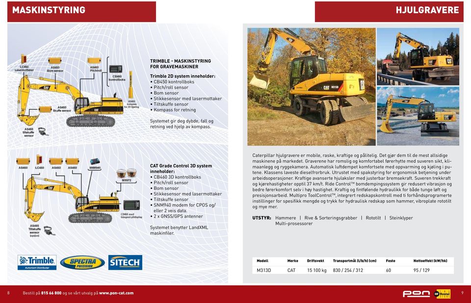 CAT Grade Control 3D system inneholder: CB460 3D kontrollboks Pitch/roll sensor Bom sensor Stikkesensor med lasermottaker Tiltskuffe sensor SNM940 modem for CPOS og/ eller 2 veis data.