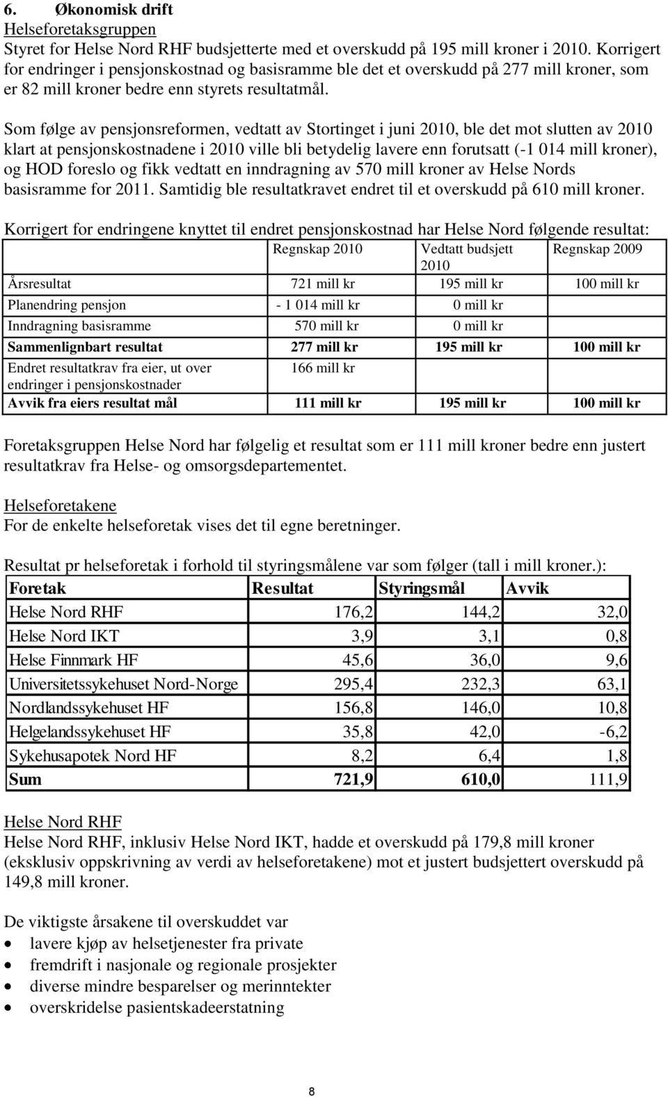 Som følge av pensjonsreformen, vedtatt av Stortinget i juni 2010, ble det mot slutten av 2010 klart at pensjonskostnadene i 2010 ville bli betydelig lavere enn forutsatt (-1 014 mill kroner), og HOD