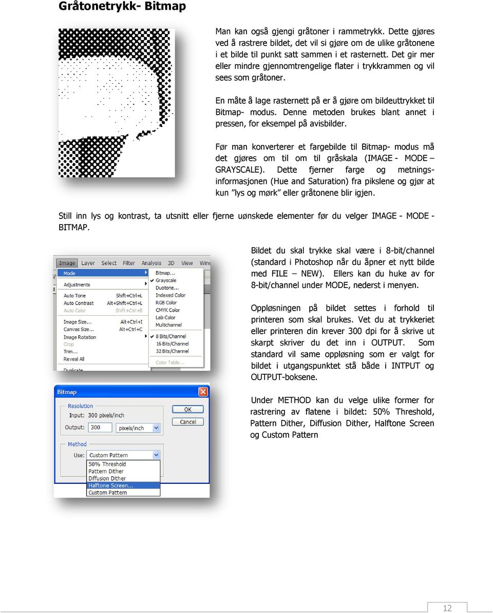 Denne metoden brukes blant annet i pressen, for eksempel på avisbilder. Før man konverterer et fargebilde til Bitmap- modus må det gjøres om til om til gråskala (IMAGE - MODE GRAYSCALE).