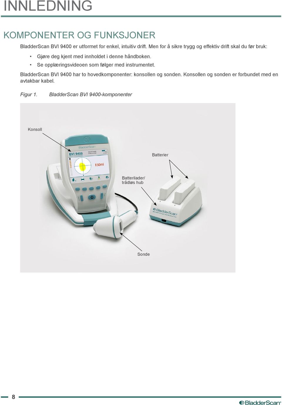 Se opplæringsvideoen som følger med instrumentet. BladderScan BVI 9400 har to hovedkomponenter: konsollen og sonden.