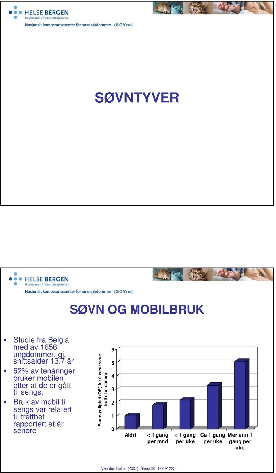 Bruk av mobil til 2 sengs var relatert til tretthet 1 rapportert et år senere 0 Sannsynlighet (OR) for å