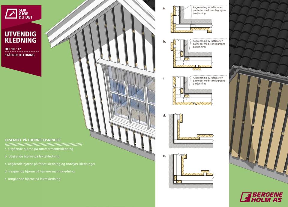 Avgrensning av luftspalten på steder med stor slagregnspåkjenning d. Eksempel på hjørneløsninger a.