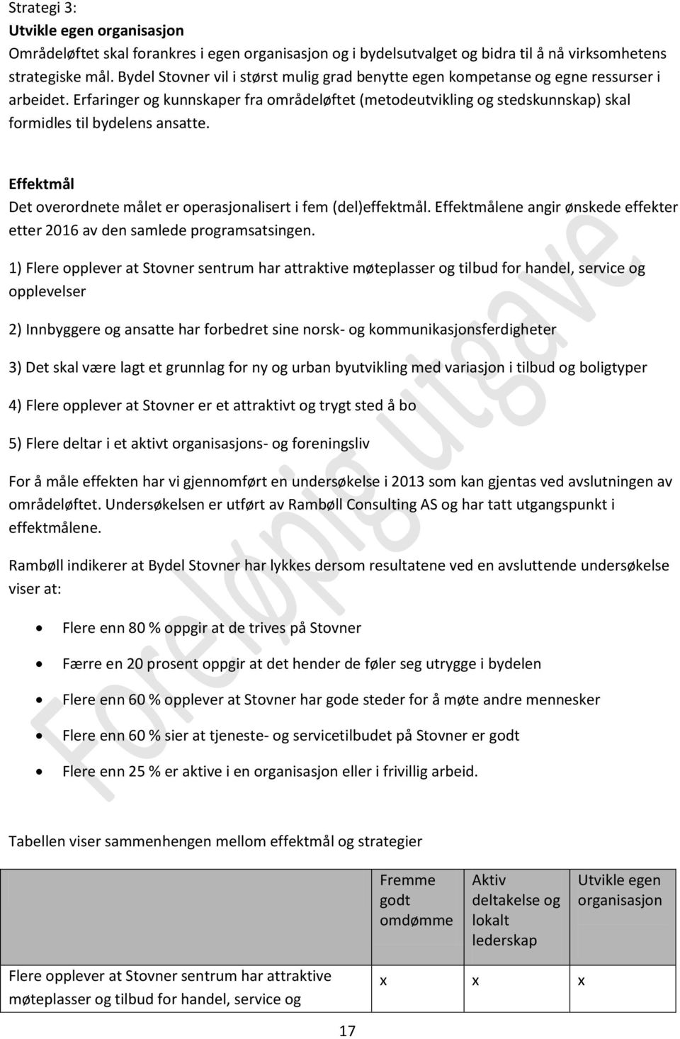 Erfaringer og kunnskaper fra områdeløftet (metodeutvikling og stedskunnskap) skal formidles til bydelens ansatte. Effektmål Det overordnete målet er operasjonalisert i fem (del)effektmål.