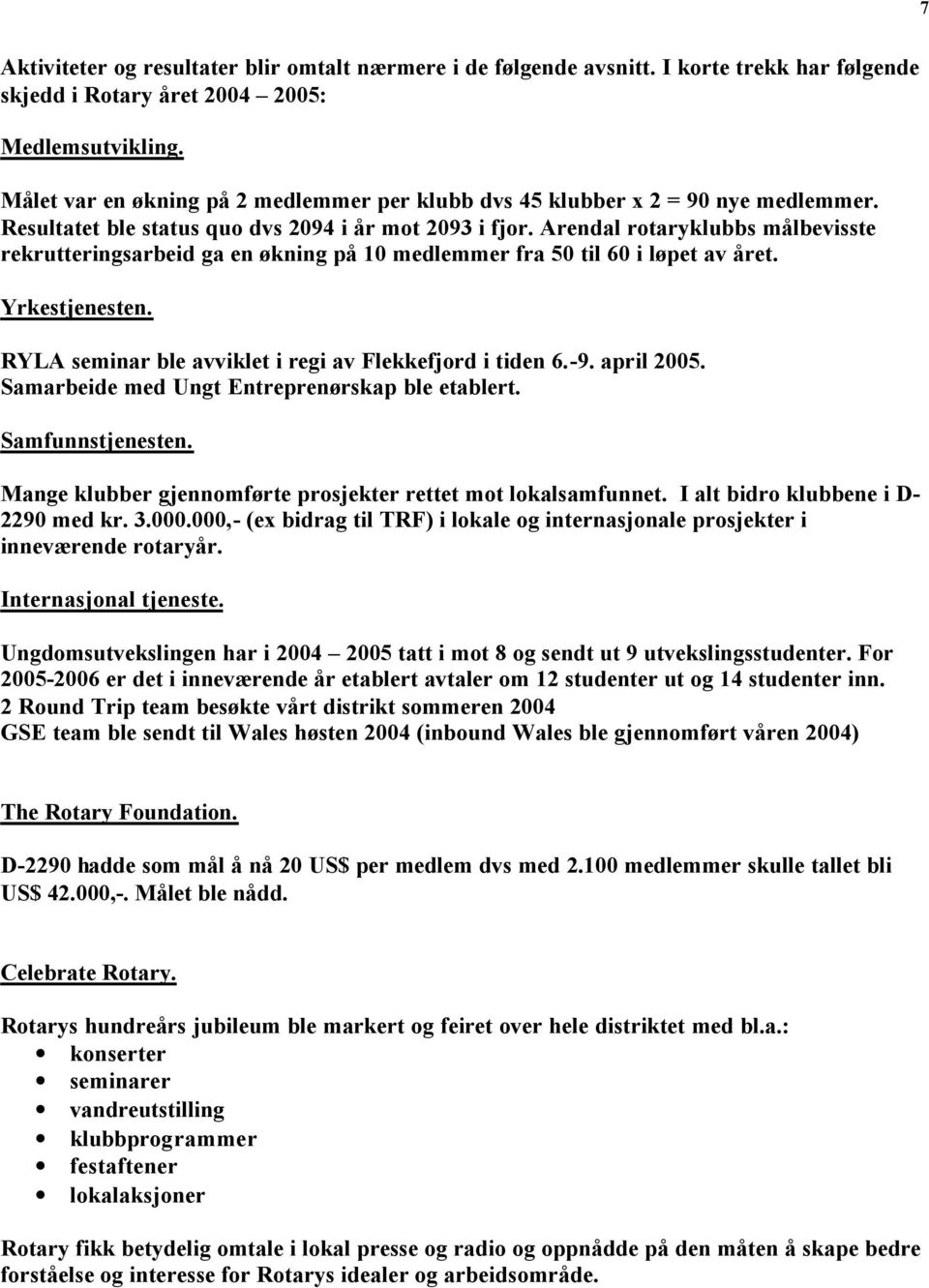 Arendal rotaryklubbs målbevisste rekrutteringsarbeid ga en økning på 10 medlemmer fra 50 til 60 i løpet av året. Yrkestjenesten. RYLA seminar ble avviklet i regi av Flekkefjord i tiden 6.-9.