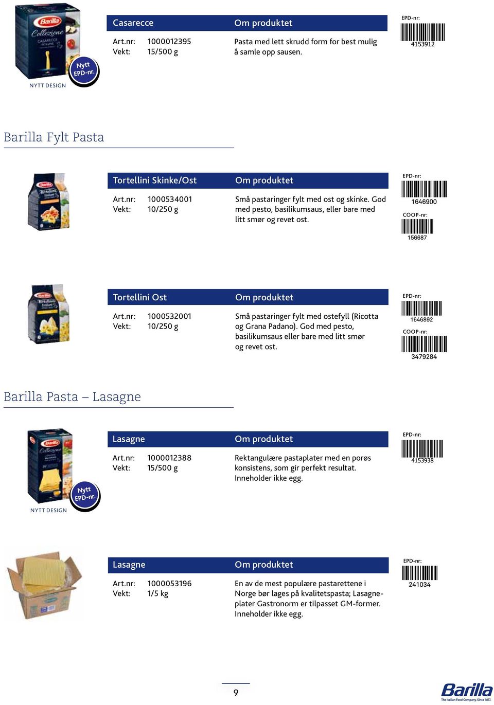 nr: 1000532001 Vekt: 10/250 g Små pastaringer fylt med ostefyll (Ricotta og Grana Padano). God med pesto, basilikumsaus eller bare med litt smør og revet ost. Barilla Pasta Lasagne Lasagne Art.