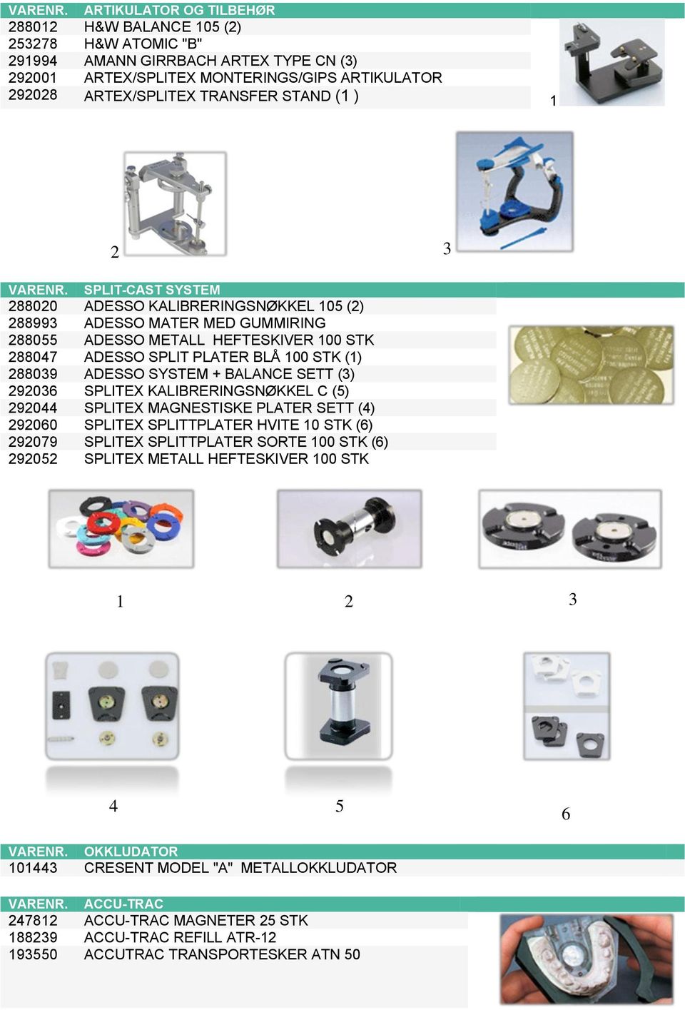 (1 ) 1 2 3  SPLITCAST SYSTEM 288020 ADESSO KALIBRERINGSNØKKEL 105 (2) 288993 ADESSO MATER MED GUMMIRING 288055 ADESSO METALL HEFTESKIVER 100 STK 288047 ADESSO SPLIT PLATER BLÅ 100 STK (1) 288039