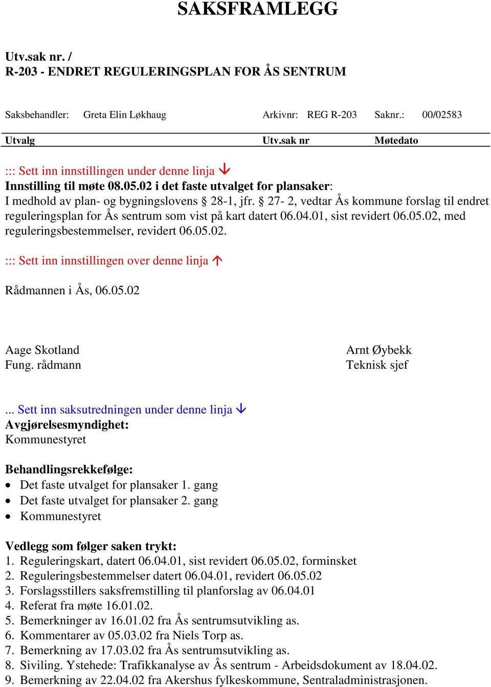 27-2, vedtar Ås kommune forslag til endret reguleringsplan for Ås sentrum som vist på kart datert 06.04.01, sist revidert 06.05.02, med reguleringsbestemmelser, revidert 06.05.02. ::: Sett inn innstillingen over denne linja Rådmannen i Ås, 06.