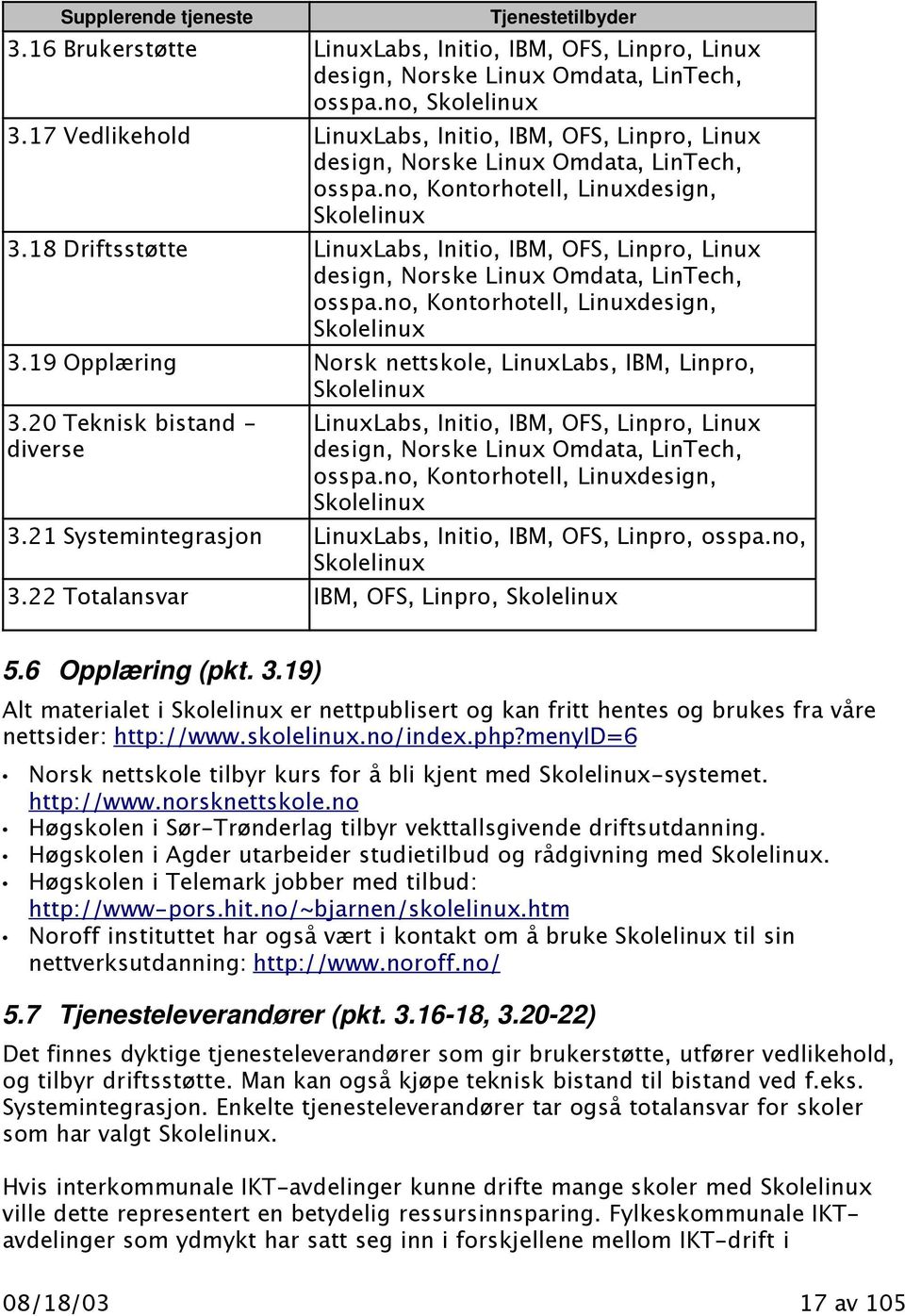 18 Driftsstøtte LinuxLabs, Initio, IBM, OFS, Linpro, Linux design, Norske Linux Omdata, LinTech, osspa.no, Kontorhotell, Linuxdesign, Skolelinux 3.