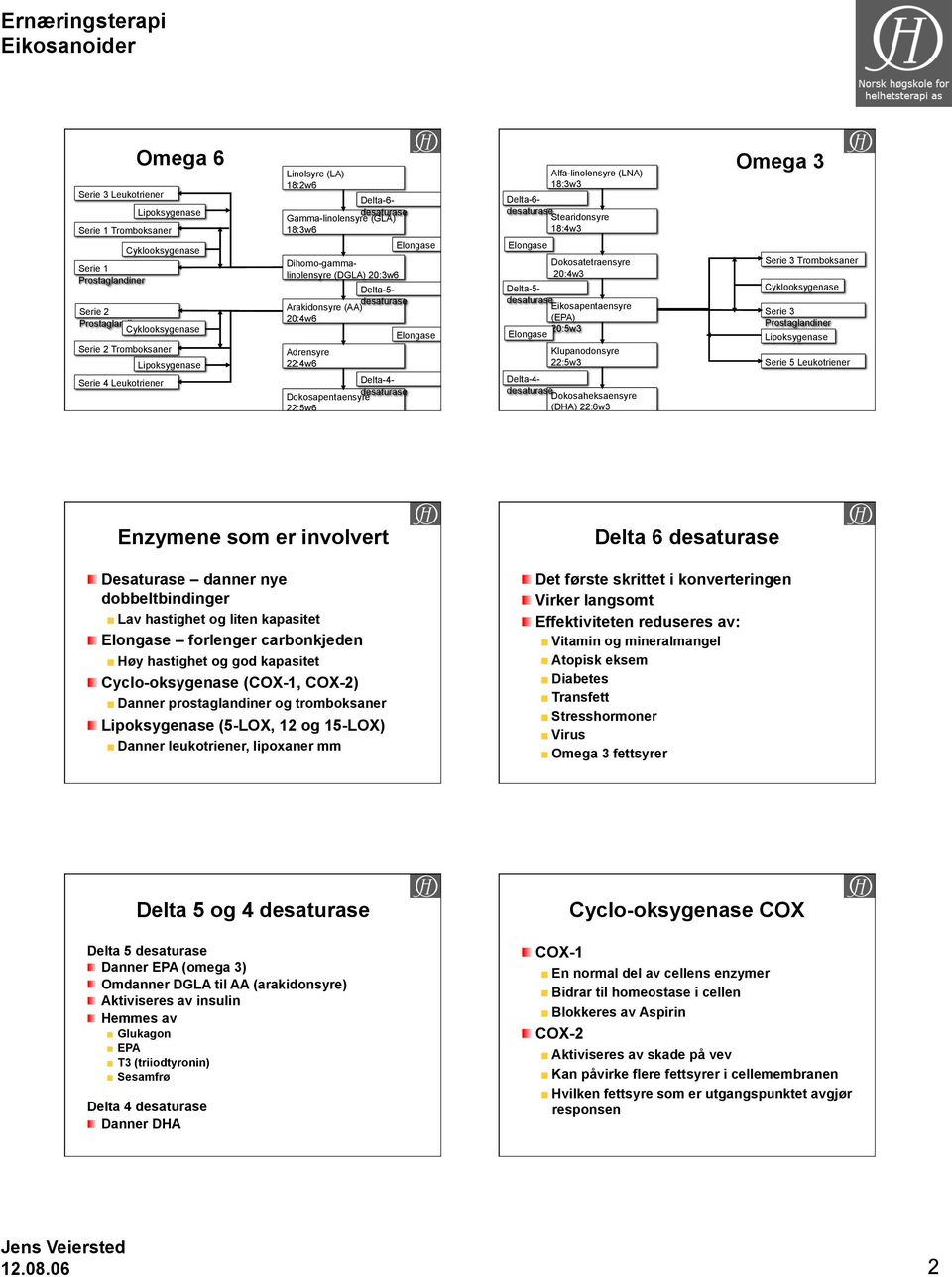 Delta-4- Dokosaheksaen (DHA) 22:6w3 Omega 3 Serie 3 Tromboksaner Serie 3 Serie 5 Leukotriener Enzymene som er involvert Desaturase danner nye dobbeltbindinger Lav hastighet og liten kapasitet