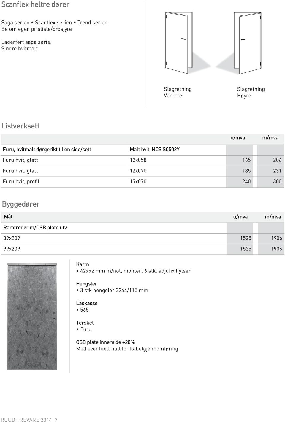 12x070 185 231 Furu hvit, profil 15x070 240 300 Byggedører Mål u/mva m/mva Ramtredør m/osb plate utv.