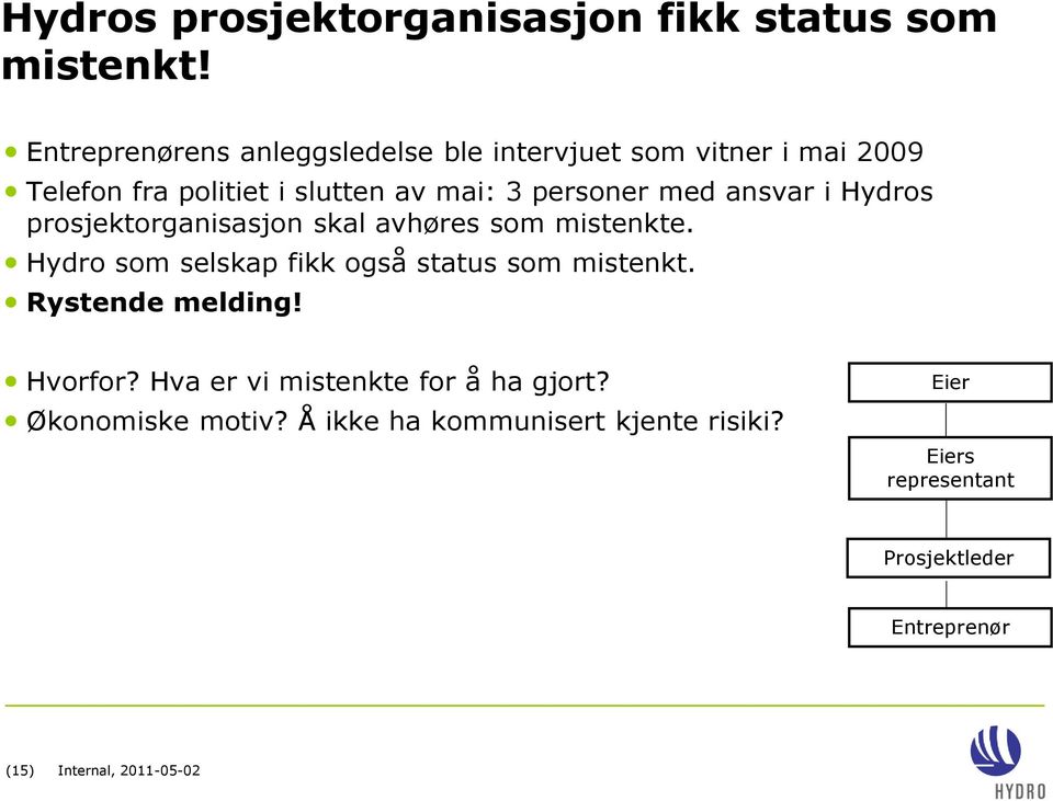 ansvar i Hydros prosjektorganisasjon skal avhøres som mistenkte. Hydro som selskap fikk også status som mistenkt.