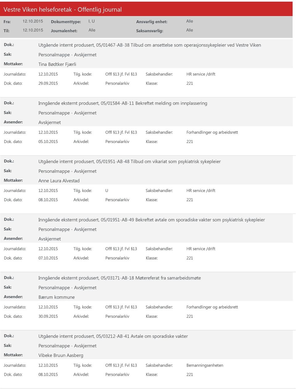 2015 Arkivdel: Personalarkiv tgående internt produsert, 05/01951-AB-48 Tilbud om vikariat som psykiatrisk sykepleier Personalmappe - Anne Laura Alvestad Dok. dato: 08.10.