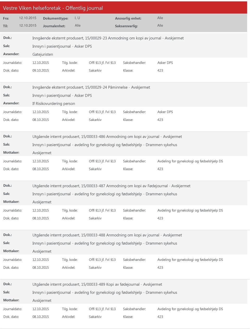 Anmodning om kopi av journal - Innsyn i pasientjournal - avdeling for gynekologi og fødselshjelp - Drammen sykehus Avdeling for gynekologi og fødselshjelp DS tgående internt produsert, 15/00033-487