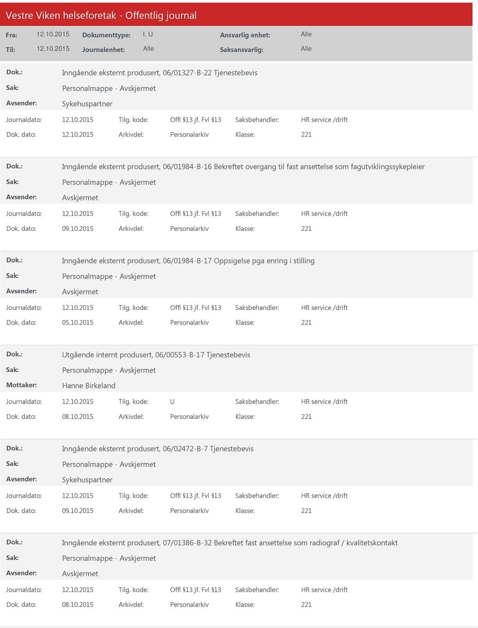 2015 Arkivdel: Personalarkiv Inngående eksternt produsert, 06/01984-B-17 Oppsigelse pga enring i stilling Personalmappe - Dok. dato: 05.10.