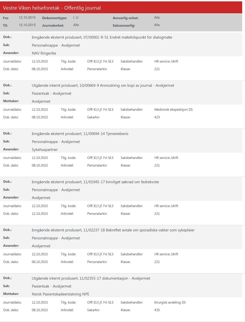 Personalmappe - Sykehuspartner Dok. dato: 08.10.2015 Arkivdel: Personalarkiv Inngående eksternt produsert, 11/01945-17 Innvilget søknad om fedrekvote Personalmappe - Dok.