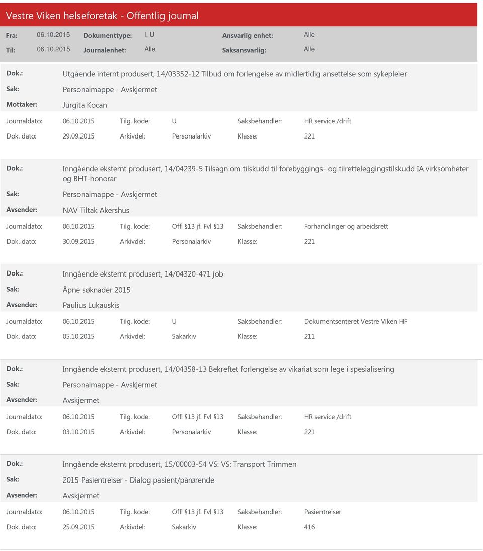 Forhandlinger og arbeidsrett Dok. dato: 30.09.2015 Arkivdel: Personalarkiv Inngående eksternt produsert, 14/04320-471 job Åpne søknader 2015 Paulius Lukauskis Dokumentsenteret Vestre Viken HF Dok.