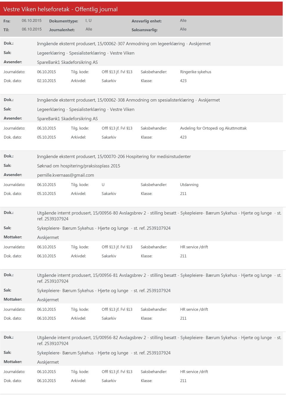 2015 Arkivdel: Sakarkiv Inngående eksternt produsert, 15/00070-206 Hospitering for medisinstudenter Søknad om hospitering/praksissplass 2015 pernille.kvernaas@gmail.com tdanning Dok. dato: 05.10.