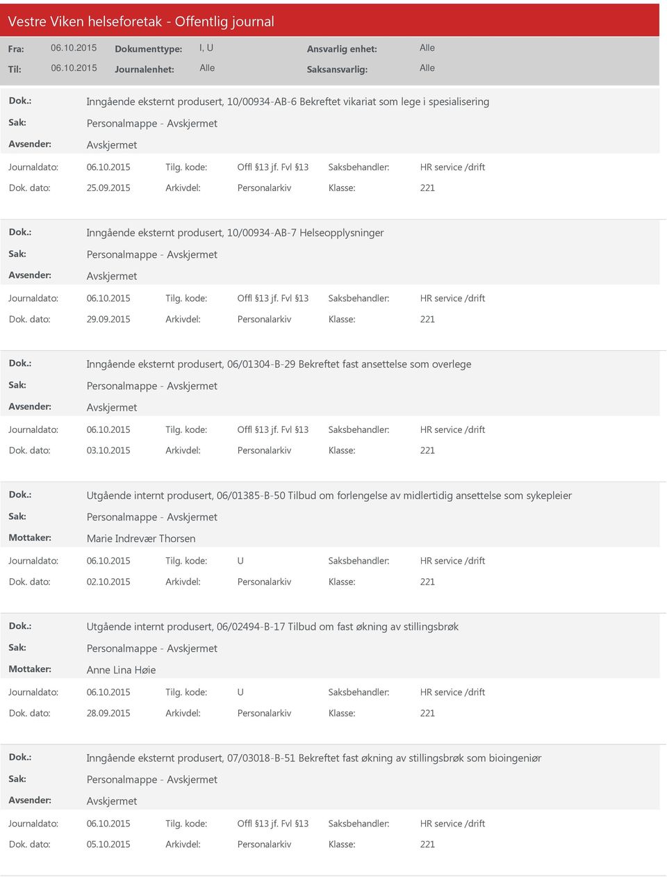 2015 Arkivdel: Personalarkiv tgående internt produsert, 06/01385-B-50 Tilbud om forlengelse av midlertidig ansettelse som sykepleier Personalmappe - Marie Indrevær Thorsen Dok. dato: 02.10.