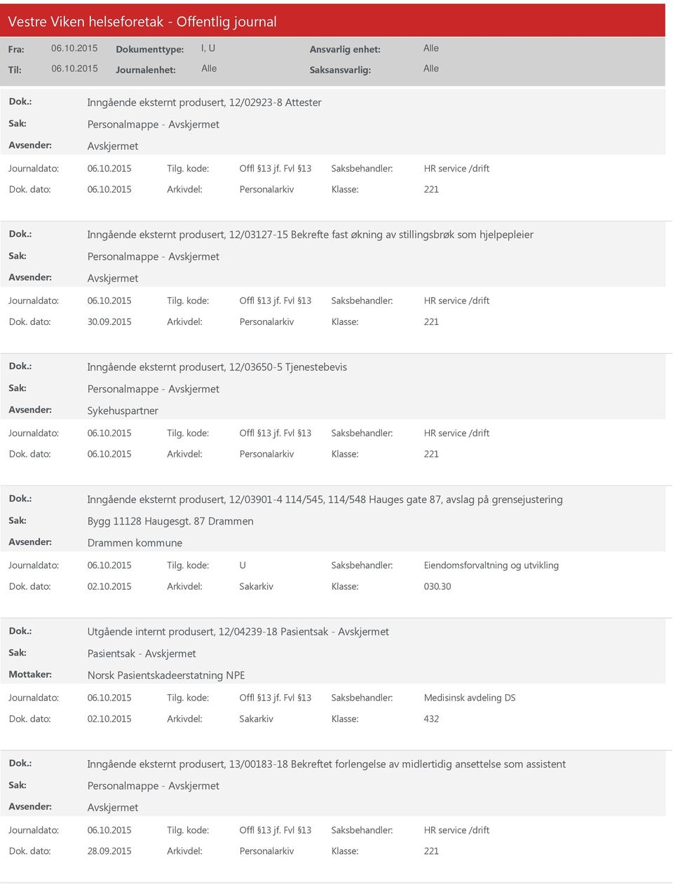 2015 Arkivdel: Personalarkiv Inngående eksternt produsert, 12/03650-5 Tjenestebevis Personalmappe - Sykehuspartner Dok.